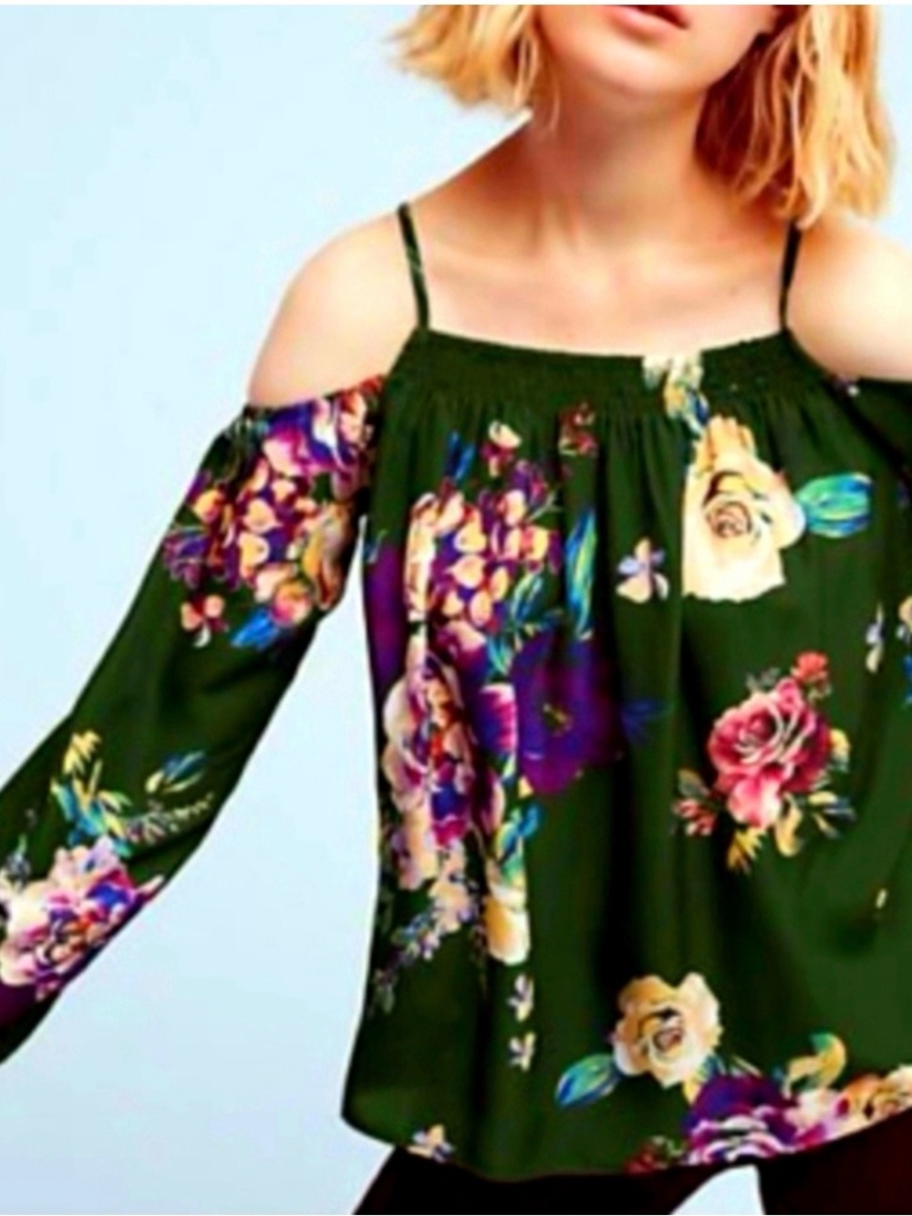 Anthropologie Maeve Floral Cold-Shoulder Women’s Top Emerald Green